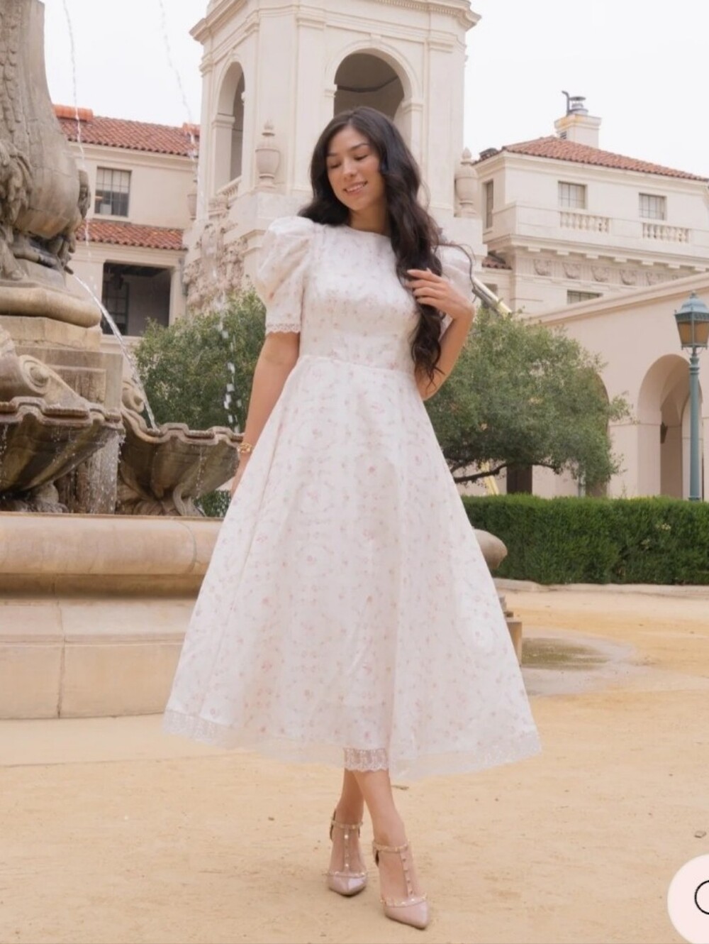 Women's Puff Sleeve Floral Midi Dress With Lace Trim